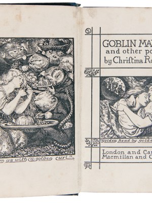 Frontispiece and title page to Christina Rossetti, 'Goblin Market and Other Poems (1863), after Dante Gabriel Rossetti.