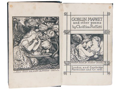 Frontispiece and title page to Christina Rossetti, 'Goblin Market and Other Poems (1863), after Dante Gabriel Rossetti.