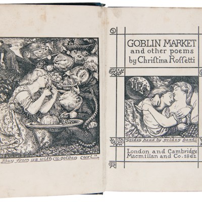 Frontispiece and title page to Christina Rossetti, 'Goblin Market and Other Poems (1863), after Dante Gabriel Rossetti.