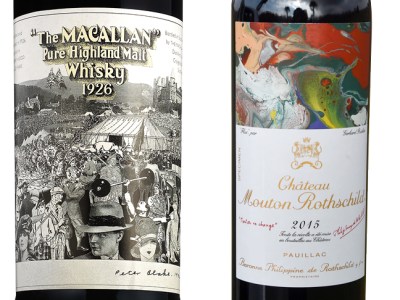 The Macallan 60-year-old 1926 single malt up for sale at Bonhams in March (right); Gerhard Richter’s label for the 2015 vintage of Chateau Mouton Rothschild