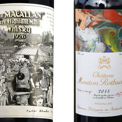 The Macallan 60-year-old 1926 single malt up for sale at Bonhams in March (right); Gerhard Richter’s label for the 2015 vintage of Chateau Mouton Rothschild