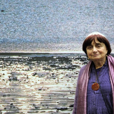 Agnes Varda in front of 'La Grand Mer', one of her works on display at the Vitry-sur-Seine museum outside Paris, in 2010, photo: © MIGUEL MEDINA/AFP/Getty Images