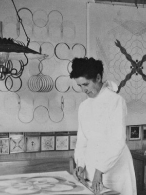 Emma Kunz at her working table, Waldstatt, 1958.