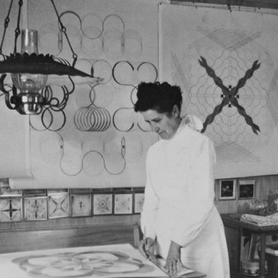 Emma Kunz at her working table, Waldstatt, 1958.
