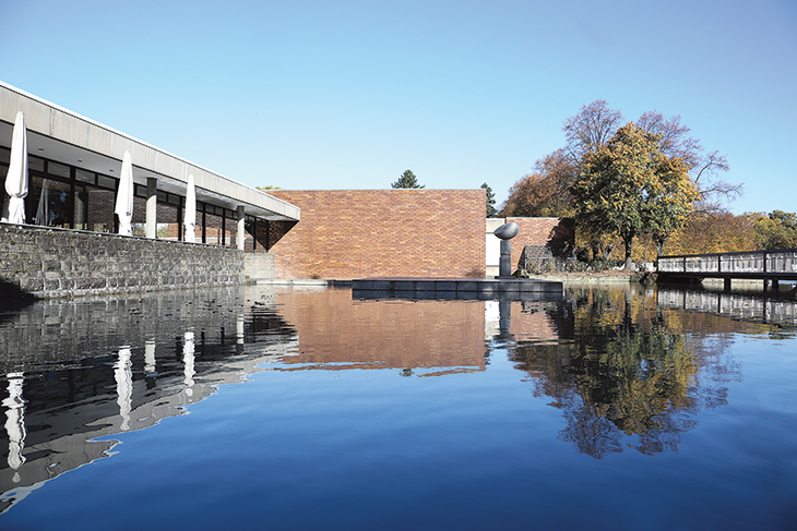 The terrace of the 1970s museum building, designed by Kunio Maekawa, on the edge of the Aachener Weiher, Cologne.