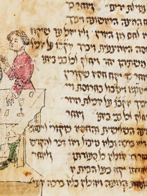 Detail showing three man at the Seder table, with wine glasses and mazzot, from the Lombard Haggadah (c. 1390–1400), circle of Giovannino de Grassi (Master of the Paris Tacuinum?), Milan