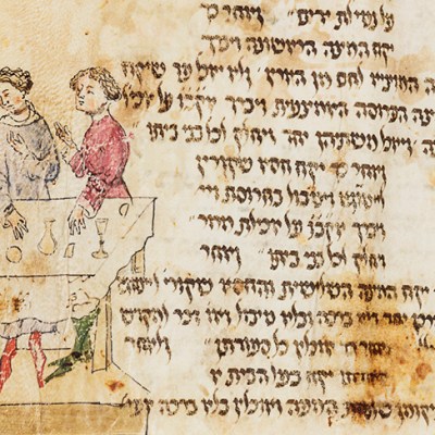 Detail showing three man at the Seder table, with wine glasses and mazzot, from the Lombard Haggadah (c. 1390–1400), circle of Giovannino de Grassi (Master of the Paris Tacuinum?), Milan