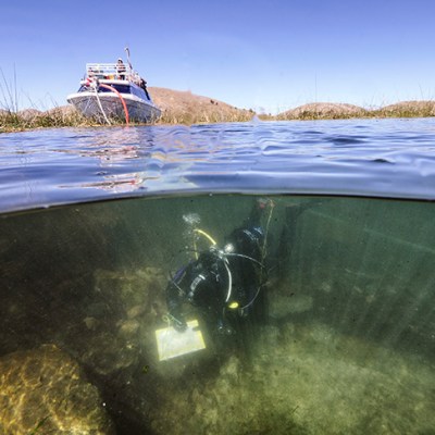 Archaeological excavations from an underwater ceremonial location near the Island of the Sun in Lake Titicaca, Bolivia.