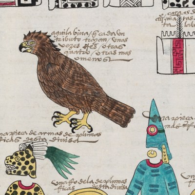 Detail from a page of the Codex Mexicana, c. 1541, created as a handbook for Charles V, Holy Roman Emperor and king of Spain, providing him with information about his new province. The writing is in the Mexica language, Nahuatl, and Spanish. Image courtesy Bodleian Libraries, University of Oxford