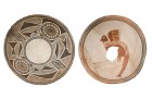 Left: Painted bowl with geometric design and possible flower images, Classic Mimbres period (1000–1130), New Mexico. Right: Painted bowl with composite animal figure, Classic Mimbres period (1000–1130).