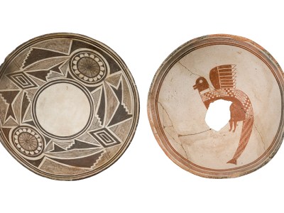 Left: Painted bowl with geometric design and possible flower images, Classic Mimbres period (1000–1130), New Mexico. Right: Painted bowl with composite animal figure, Classic Mimbres period (1000–1130).