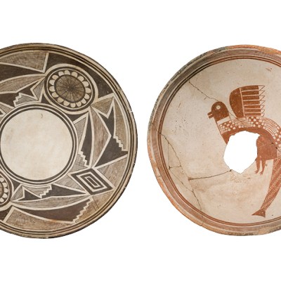 Left: Painted bowl with geometric design and possible flower images, Classic Mimbres period (1000–1130), New Mexico. Right: Painted bowl with composite animal figure, Classic Mimbres period (1000–1130).