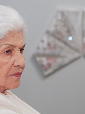 Monir Shahroudy Farmanfarmaian at the opening of her exhibition at The Third Line, Dubai, in March 2013.
