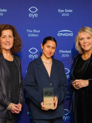 Ingrid van Engelshoven (Minister of Education, Culture and Science) with Meriem Bennani (Winner Art & Film Prize 2019) and Sandra den Hamer (Director Eye) during the Eye Film gala 2019