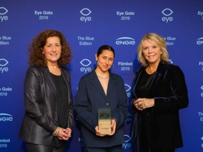Ingrid van Engelshoven (Minister of Education, Culture and Science) with Meriem Bennani (Winner Art & Film Prize 2019) and Sandra den Hamer (Director Eye) during the Eye Film gala 2019