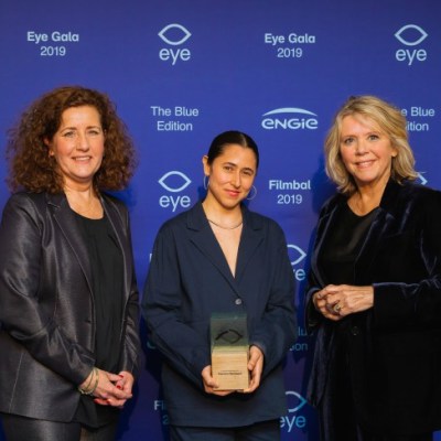 Ingrid van Engelshoven (Minister of Education, Culture and Science) with Meriem Bennani (Winner Art & Film Prize 2019) and Sandra den Hamer (Director Eye) during the Eye Film gala 2019