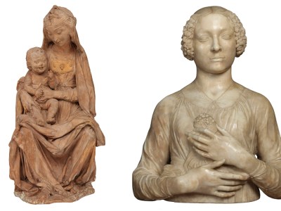 Left: Madonna with the Laughing Child (c. 1472), attrib. Leonardo da Vinci. Photo: © Victorian and Albert Museum, London. Right: Bust of a Lady (Lady with Flowers) (c. 1475), Andrea del Verrocchio. Museo Nazionale del Bargello, Florence. Photo: Giovanni Martellucci