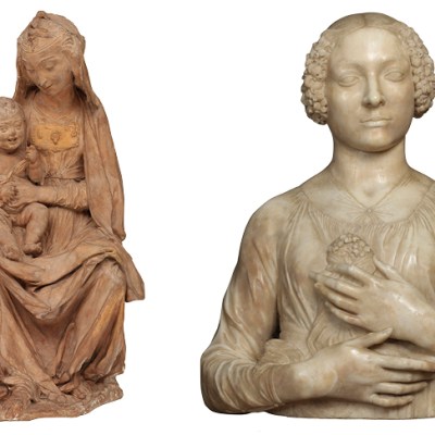 Left: Madonna with the Laughing Child (c. 1472), attrib. Leonardo da Vinci. Photo: © Victorian and Albert Museum, London. Right: Bust of a Lady (Lady with Flowers) (c. 1475), Andrea del Verrocchio. Museo Nazionale del Bargello, Florence. Photo: Giovanni Martellucci