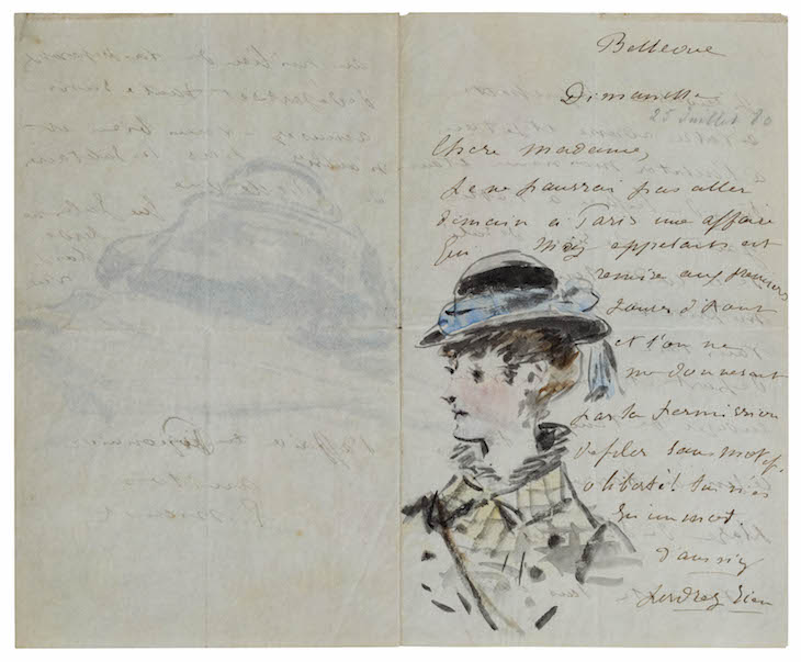 Letter to Madame Jules Guillemet, Decorated with a Portrait and a Still Life of a Bag and a Parasol (1880), Édouard Manet.