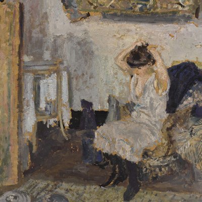 Modèle assise dans un fauteuil, se coiffant (detail; c. 1903), Édouard Vuillard.