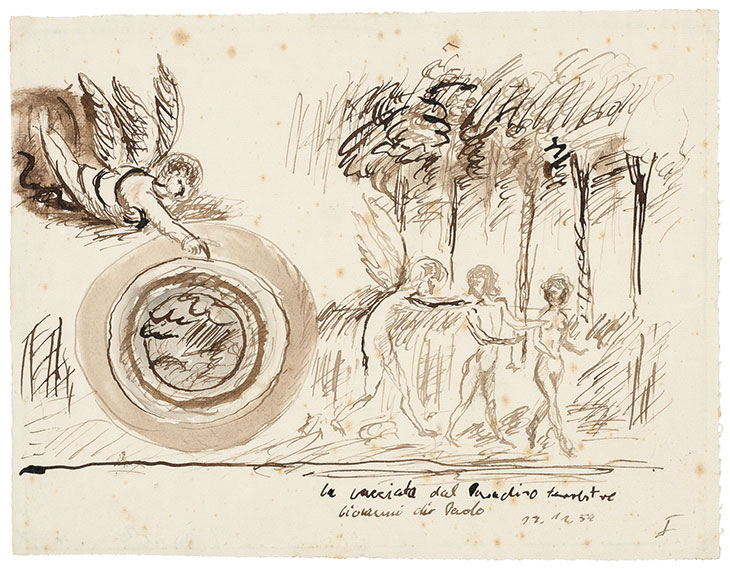 Ohne Titel (La cacciata del Paradiso terrestre – Giovanni di Paolo) (Untitled (La cacciata del Paradiso terrestre – Giovanni di Paolo)) (1959), Georg Baselitz.