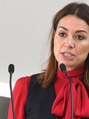 Yana Peel, who has resigned as the CEO of the Serpentine Galleries, speaking at a press conference at the gallery in 2016.