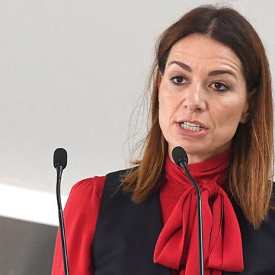 Yana Peel, who has resigned as the CEO of the Serpentine Galleries, speaking at a press conference at the gallery in 2016.