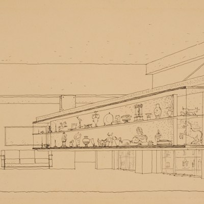 Drawing of a display case, c. 1940, Lina Bo Bardi. IBCV Archives.
