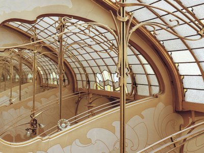 Stained-glass skylight and mirror at the top of the Maison & Atelier Horta.