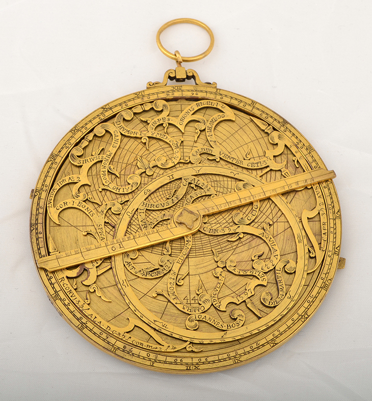 Gilt-copper astrolabe, purportedly by Johannes Bos of Rome, dated 1597, but now identified as a modern fake, c. 1920. Whipple Museum of the History of Science, University of Cambridge