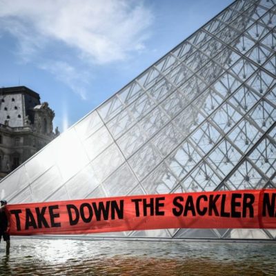 P.A.I.N. activists at the Louvre in Paris on 1 July 2019.