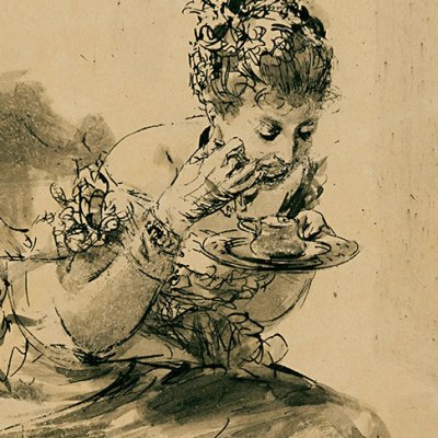 A Seated, Elegantly Dressed Lady Eating from a Plate (1878), Adolph Menzel, courtesy Stephen Ongpin Fine Art