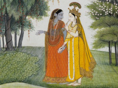 Krishna and Radha walking by the Jumna by moonlight having exchanged clothes (detail; c. 1820), Kangra. © The Fitzwilliam Museum, Cambridge.