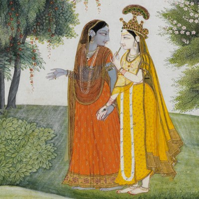 Krishna and Radha walking by the Jumna by moonlight having exchanged clothes (detail; c. 1820), Kangra. © The Fitzwilliam Museum, Cambridge.