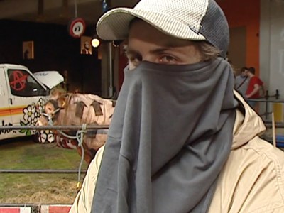 Footage of a man claiming to be Banksy from a news report in 2003; © ITN