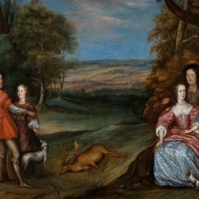 The Carlile Family with Sir Justinian Isham in Richmond Park ('The Stag Hunt’) (detail; 1650s), Joan Carlile. Lamport Hall