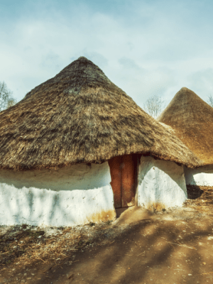 A reconstructed Iron Age farmstead at St Fagans National Museum of History, Wales.