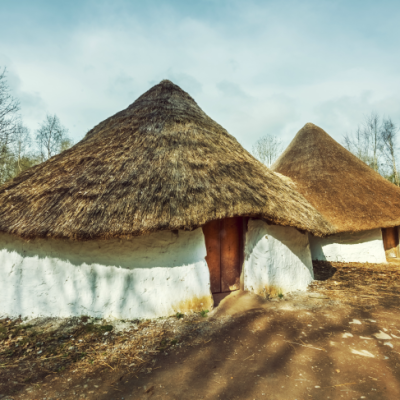 A reconstructed Iron Age farmstead at St Fagans National Museum of History, Wales.