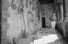 Eliseo Mattiacci with an installation of his Roma sculptures at the Palazzo Mazzancolli, Italy, in 1982.