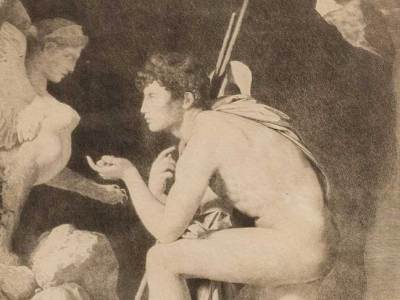 Sigmund Freud’s reproduction print of Jean-Auguste-Dominique Ingres’ Oedipus and the Sphinx by Ingres (1808).