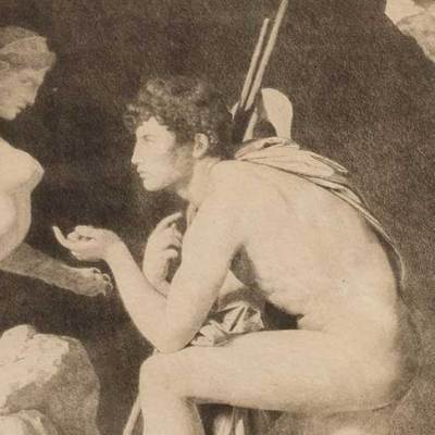Sigmund Freud’s reproduction print of Jean-Auguste-Dominique Ingres’ Oedipus and the Sphinx by Ingres (1808).