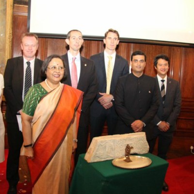 Two illegally smuggled antiquities are returned to India at India House in London.