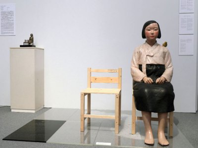 Installation view of Kim Seo-kyung and Kim Eun-sung’s Statue of a Girl of Peace (2011) at the Aichi Triennale 2019 in Nagoya.