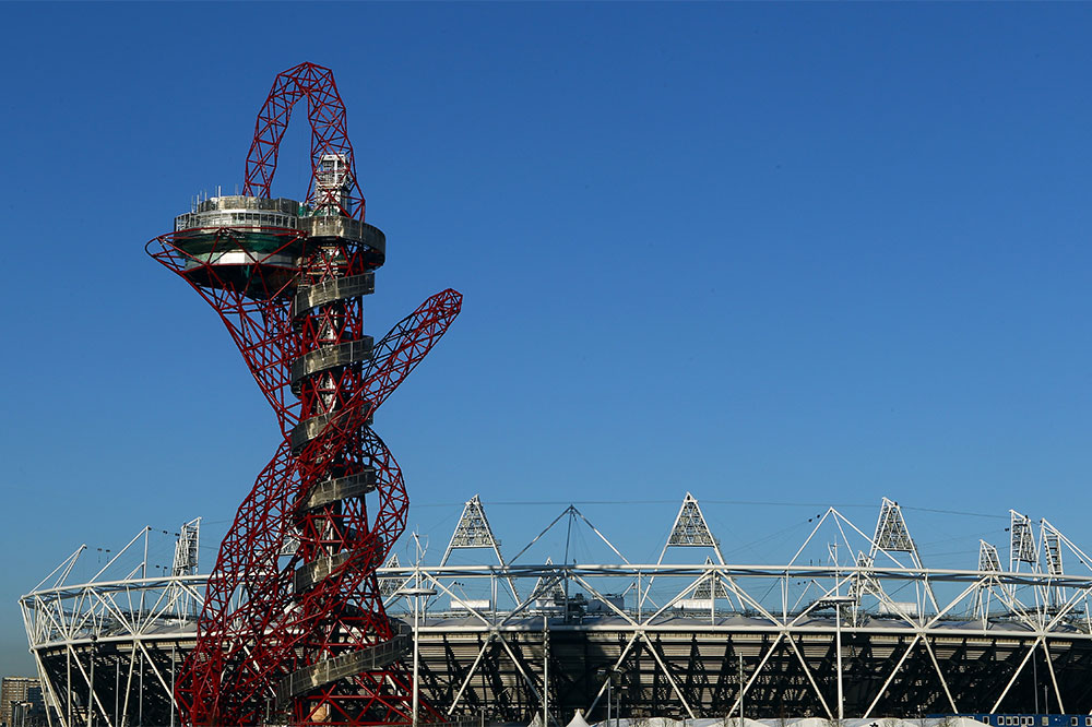 The ArcelorMittal Orbit Sculpture and the Olympic Stadium in 2012.