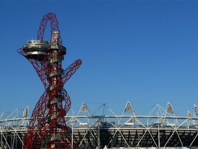 The ArcelorMittal Orbit Sculpture and the Olympic Stadium in 2012.