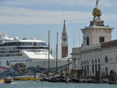 A cruise ship passes close to the church San Giorgio Maggiore, in Venice on 26 September 2014.