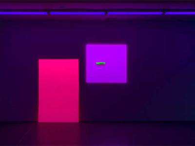 Installation view of ‘Jacqueline Humphries’ at the Dan Flavin Art Institute, Bridgehampton, New York. On the right hangs Painting (2019).