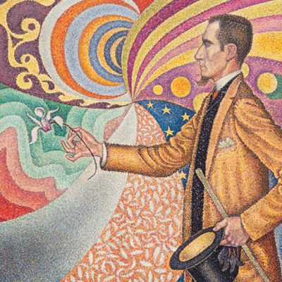 Opus 217. Against the Enamel of a Background Rhythmic with Beats and Angles, Tones and Tints, Portrait of M. Félix Fénéon in 1890 (1890), Paul Signac. Museum of Modern Art, New York.
