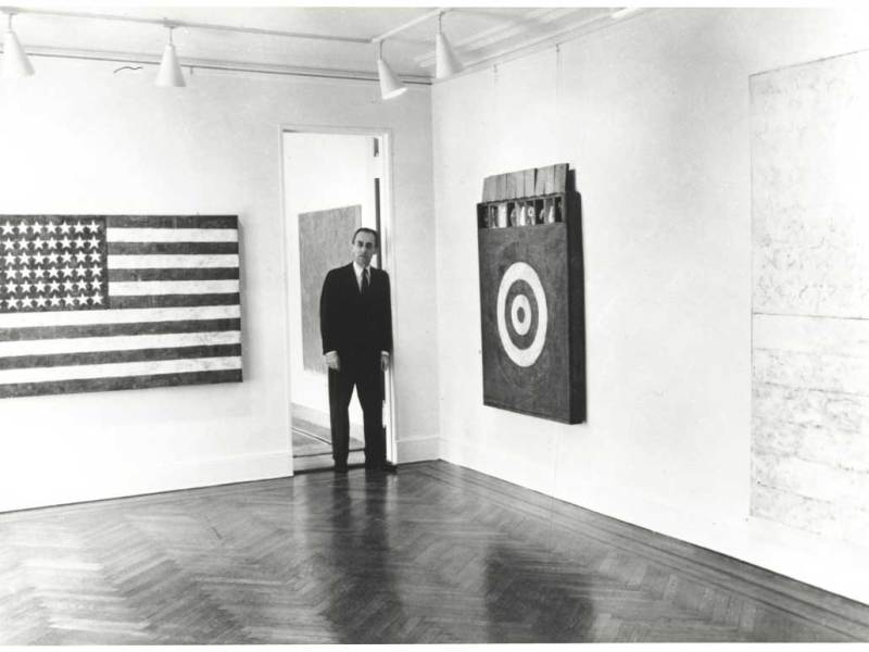 Leo Castelli in a room of the Jasper Johns exhibit at the Castelli Gallery, New York, 1958. Archives of American Art, Smithsonian Institution