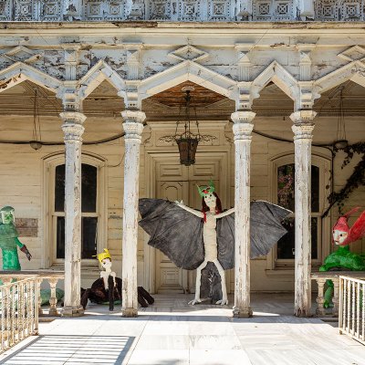 Installation view of Monster Chetwynd’s Hybrid Creatures (Snake, Spider, Bat, Crocodile) at the Istanbul Biennial, 2019.